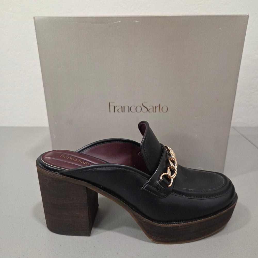 Franco Sarto Katra Clog Women 9 Black Vegan Leather Platform Mule Academia